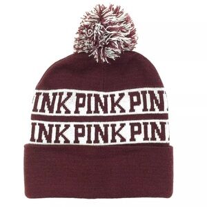 Pink Victoria Secret Womens Beanie Toboggan Pom Skull Cap Ski Striped Winter Hat